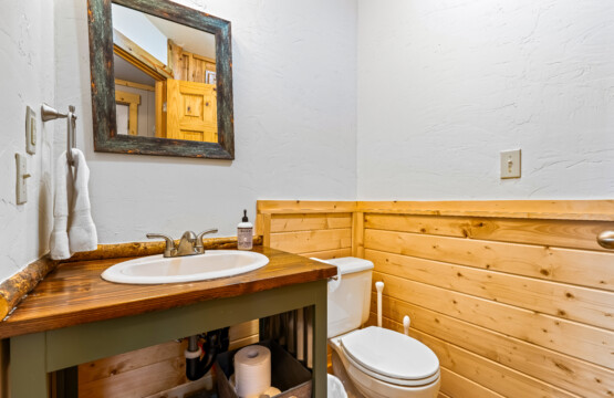 Second bathroom at Ponderosa Pine Cabin with sink, mirror and wood-paneled wall.