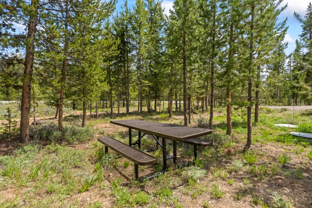 Picnic table among pine trees near Valley Creek Cabin in Stanley, Idaho.