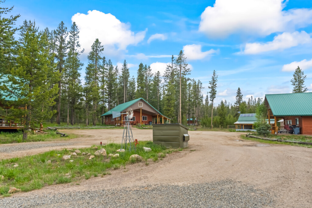 Valley Creek Cabin exterior surrounded by pine trees in Stanley, Idaho.