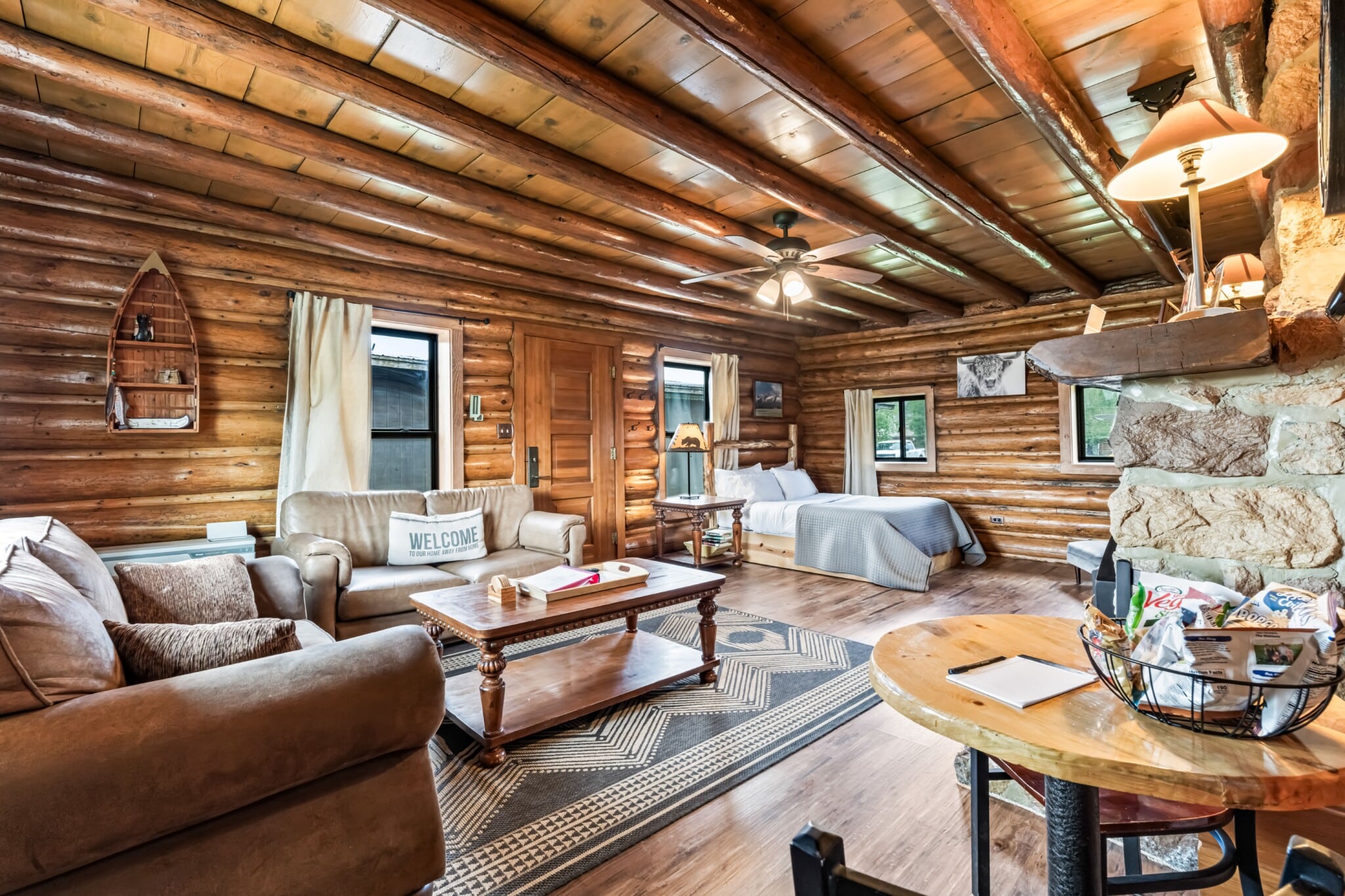 Wall Street Cabin open living room with large windows